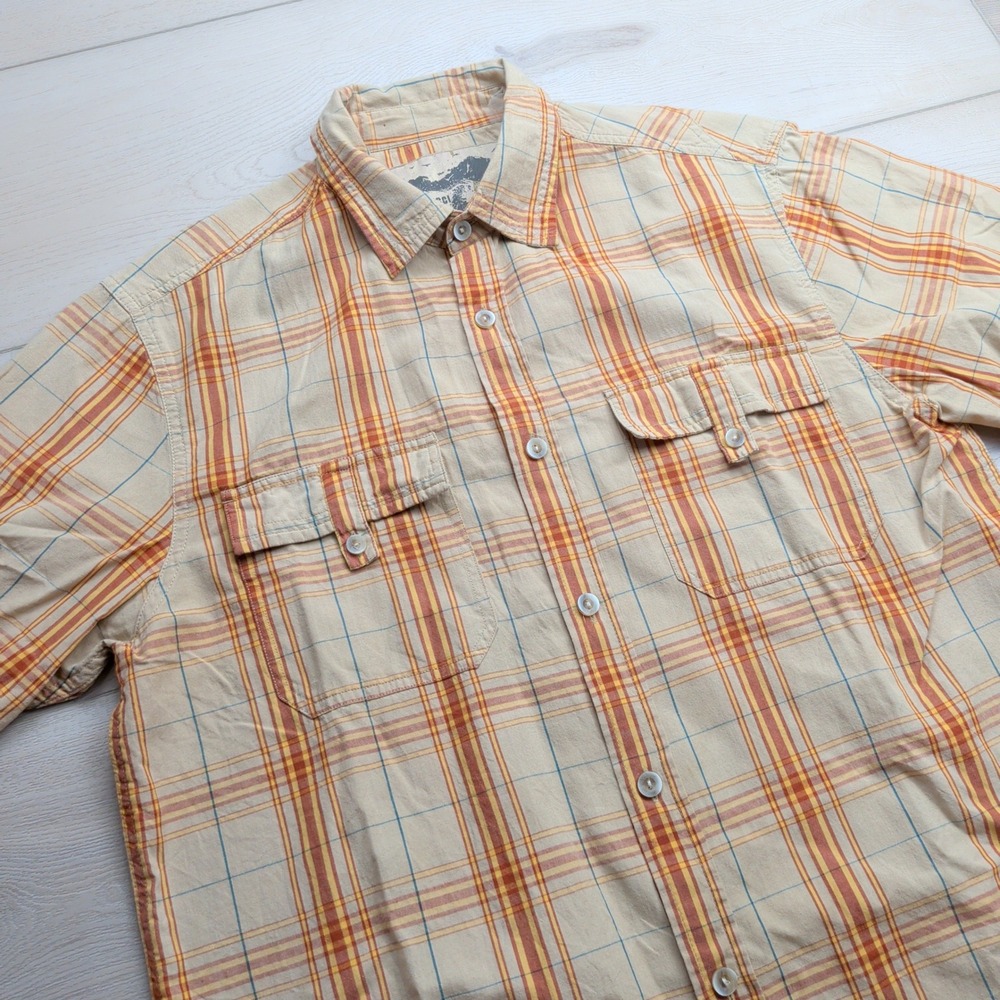 Gramicci Short Sleeve Button Up Shirt Mens M Artisan Wash Plaid Orange Tan